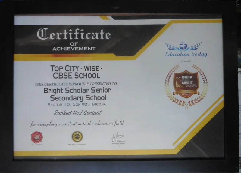 The Education Today certificate ranking the school first in Sonipat