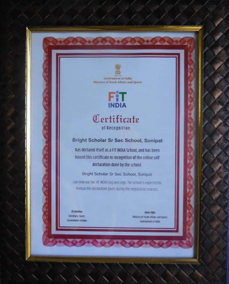 The Fit India School certificate of recognition