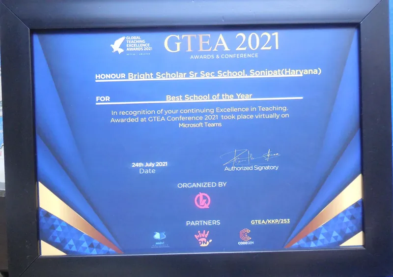 The GTEA 2021 Best School of the Year certificate