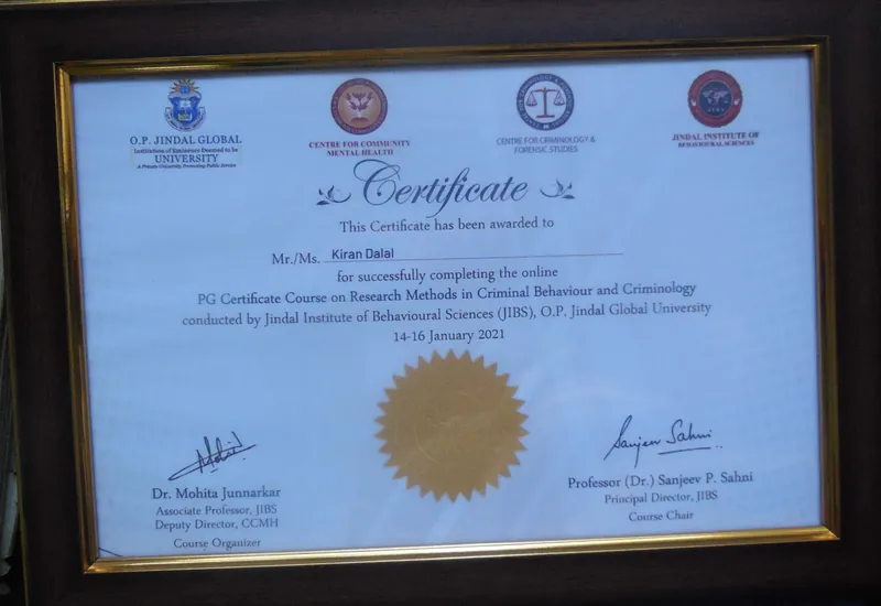 The O.P. Jindal Global University course certificate awarded to the Principal