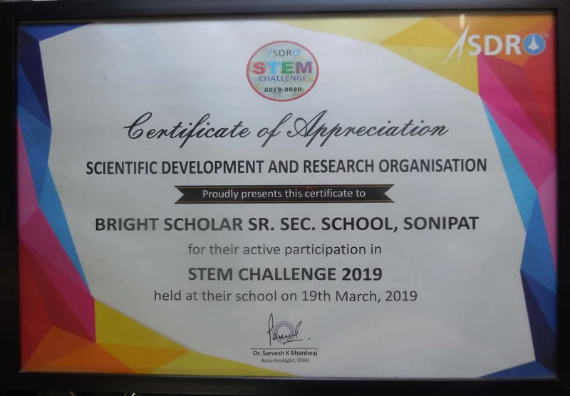 The SDRO certificate of appreciation for the STEM Challenge 2019