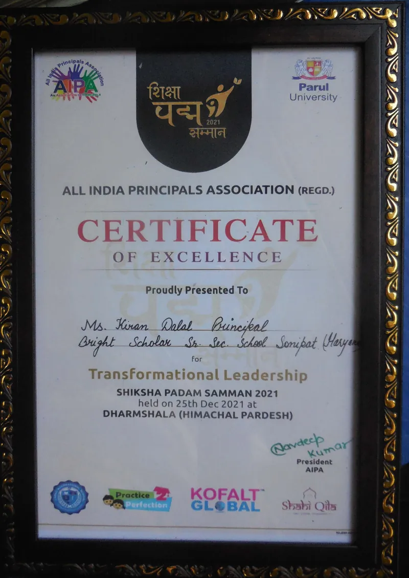 The Shiksha Padam Samman certificate of excellence presented to the Principal