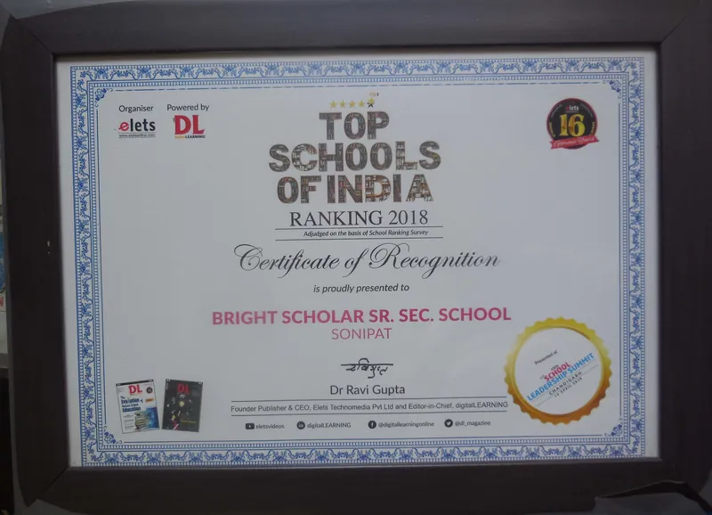 The Top Schools of India 2018 certificate of recognition
