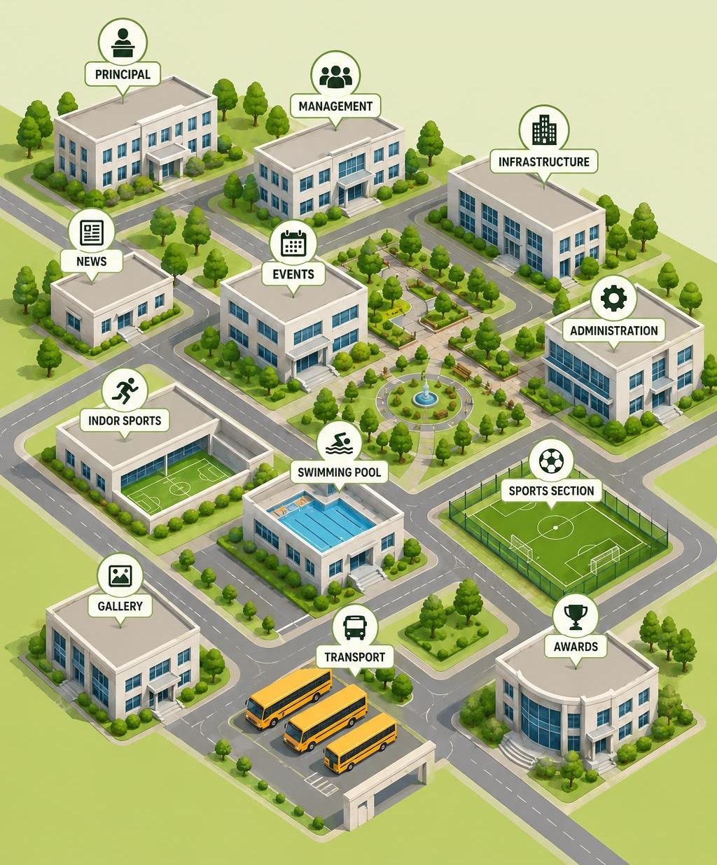 An illustrated map of the Bright Scholar campus, with twelve labelled pins linking to sections of this site