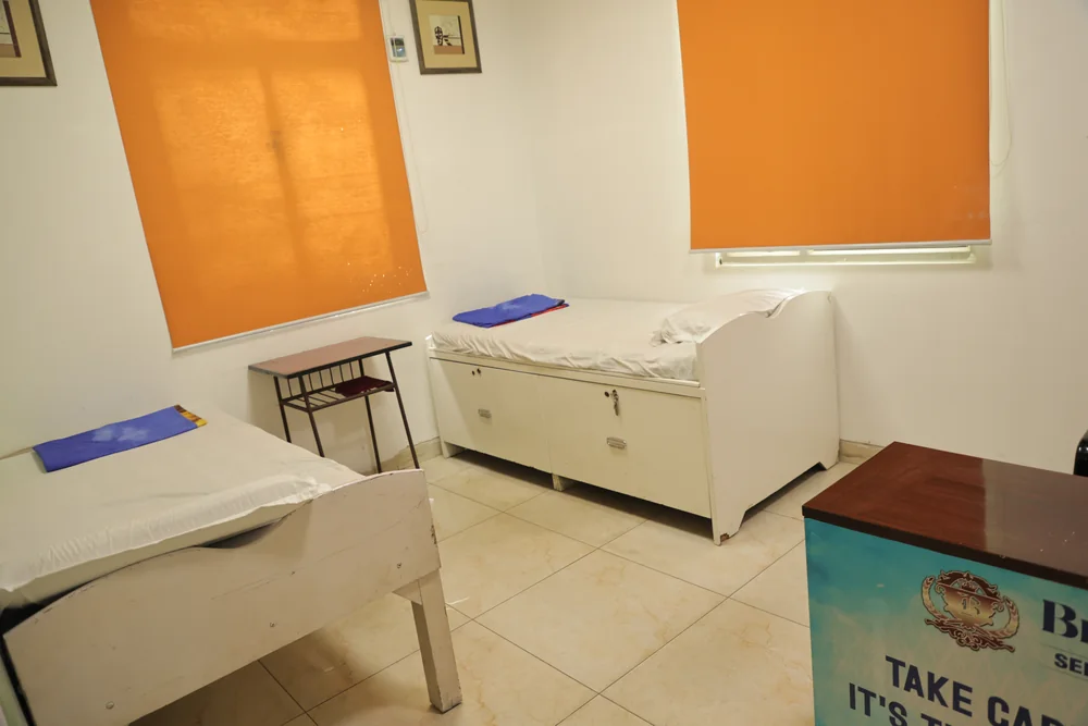 The medical room, its beds and desk