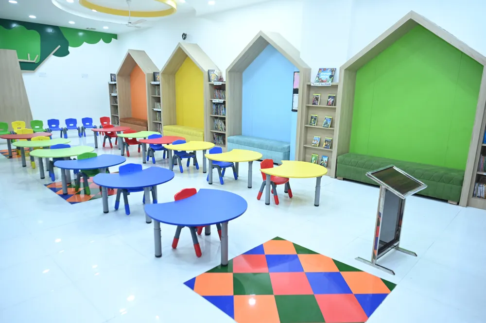 The Library for Kids with colourful low tables and shelves