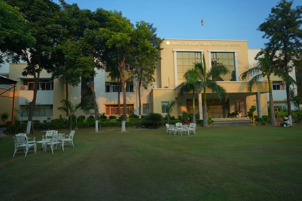 The school entrance lawn and its palms